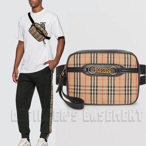 BURBERRY black leather LINK 1983 beige canvas Equestrian Knight Check Belt Bag